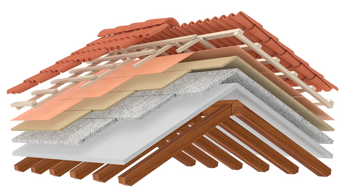 Przekrój dachu domu - warstwy izolacji termicznej dachu