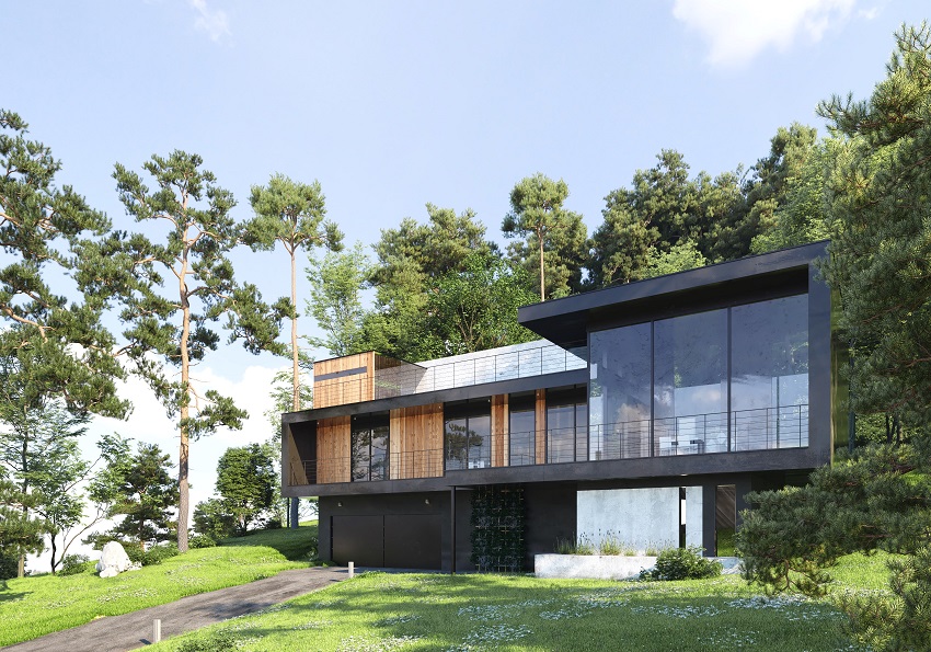 nowoczesny, horyzontalny dom z licznymi przeszkleniami, na tle sosnowego lasu, wykonany w technologii budownictwa pasywnego
